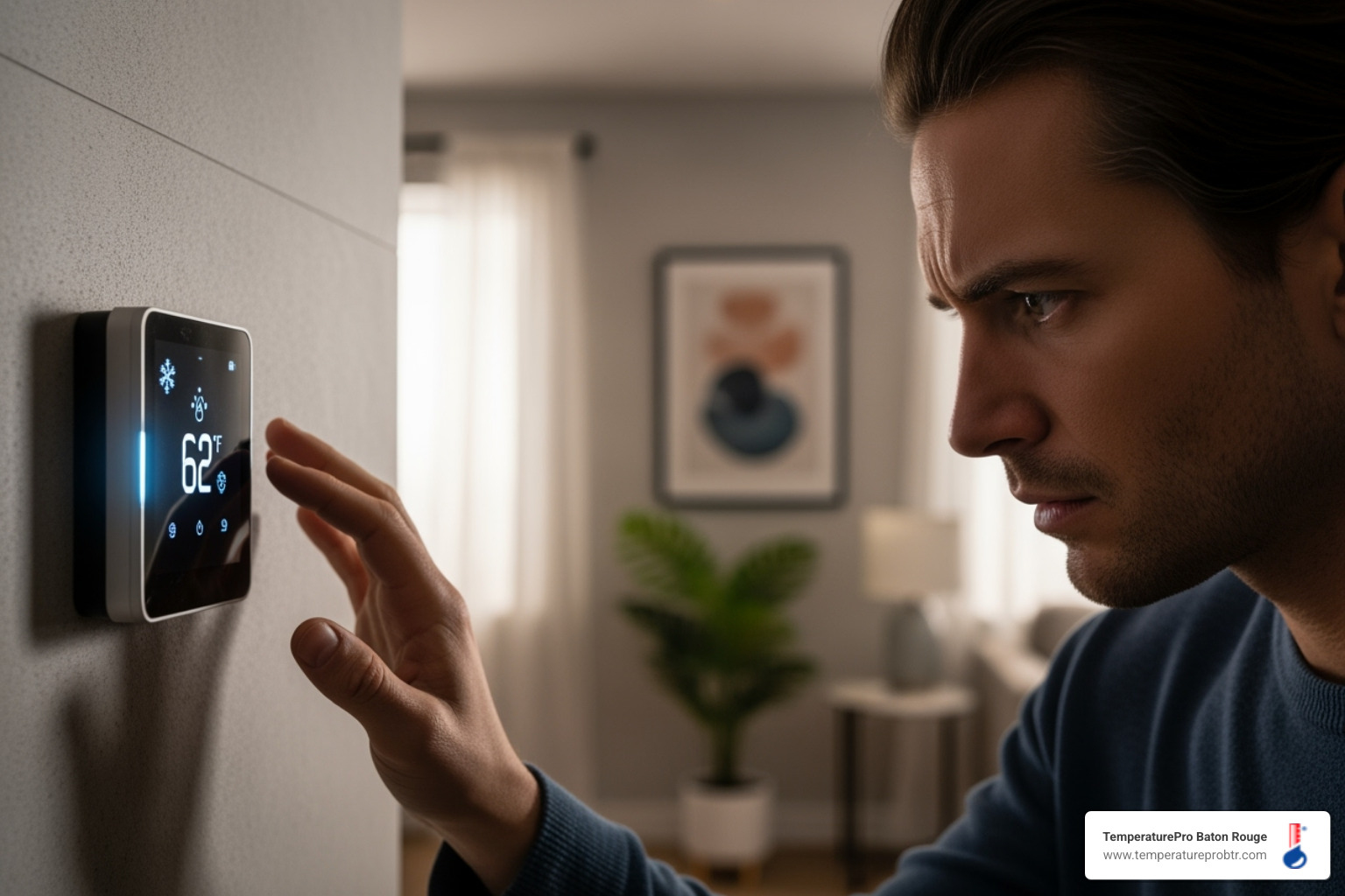 A homeowner looking at their thermostat with a concerned expression - affordable heating service in erwinville la