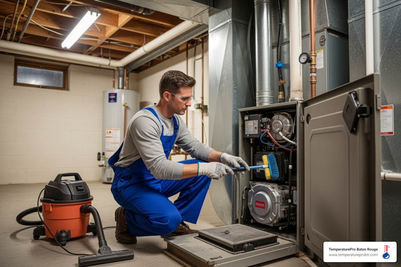 A technician cleaning the components of a furnace - affordable heating service in erwinville la