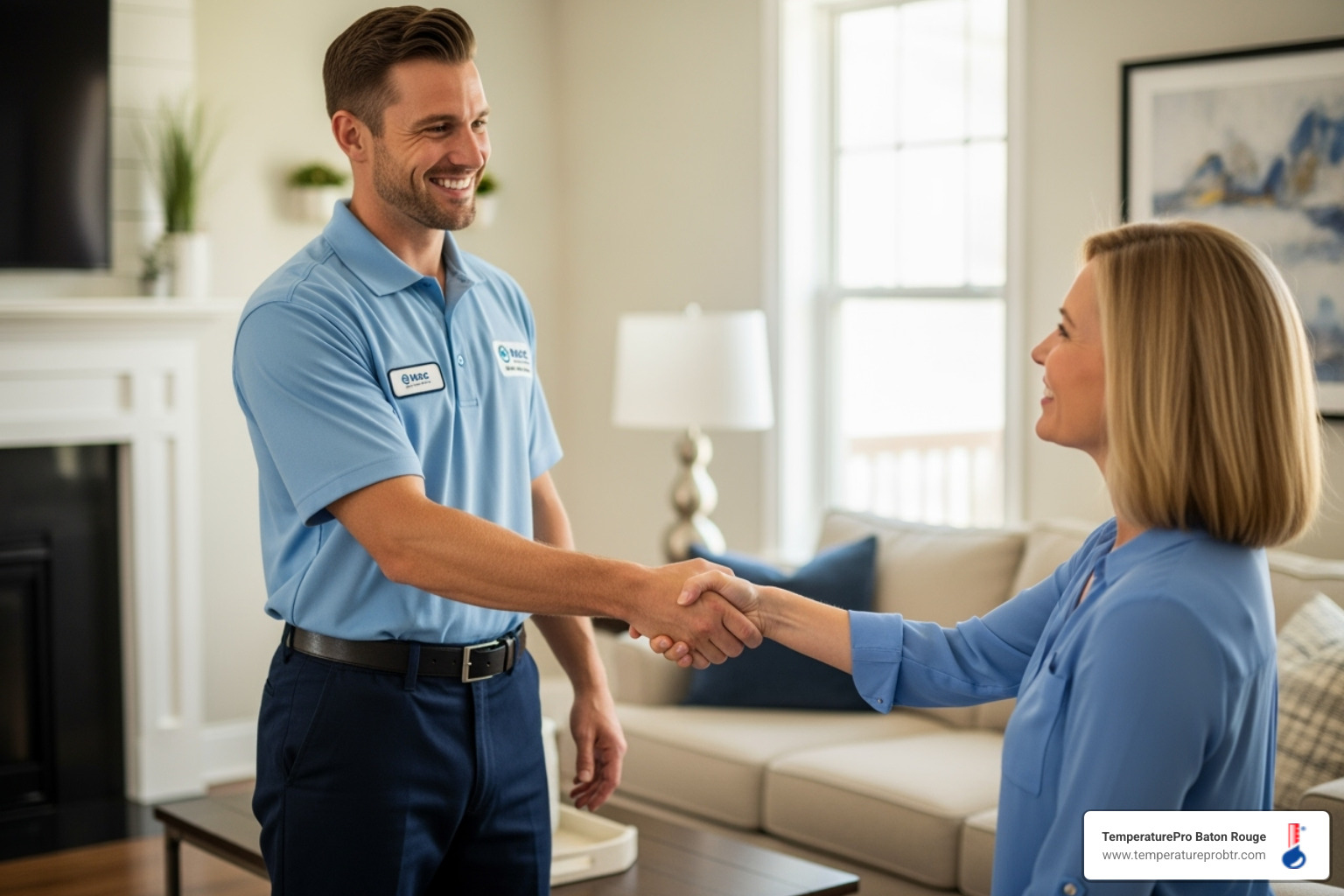 friendly, professional HVAC technician shaking a homeowner's hand - affordable heating repair in bocage la