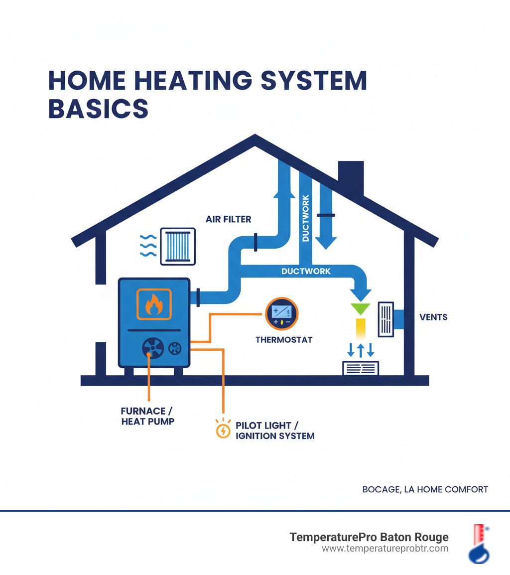 infographic showing the basic components of a home heating system including furnace or heat pump, thermostat, air filter, ductwork, vents, and pilot light or ignition system with simple labels - affordable heating repair in bocage la infographic 
