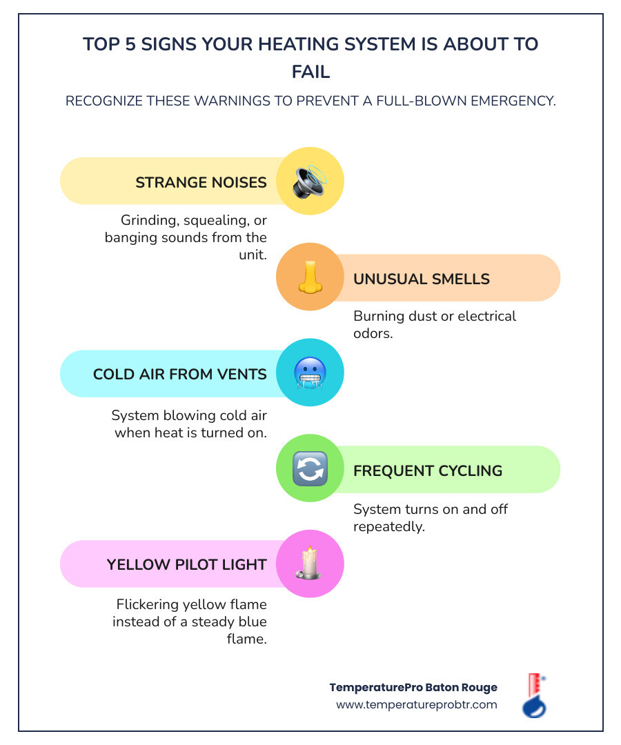 Infographic showing the top 5 signs your heating system is about to fail: 1. Strange noises like grinding, squealing, or banging from the unit, 2. Unusual smells including burning dust or electrical odors, 3. Cold air blowing from vents when heat is turned on, 4. Frequent cycling where the system turns on and off repeatedly, 5. Yellow or flickering pilot light instead of steady blue flame - emergency heating repair in baker la infographic infographic-line-5-steps-colors