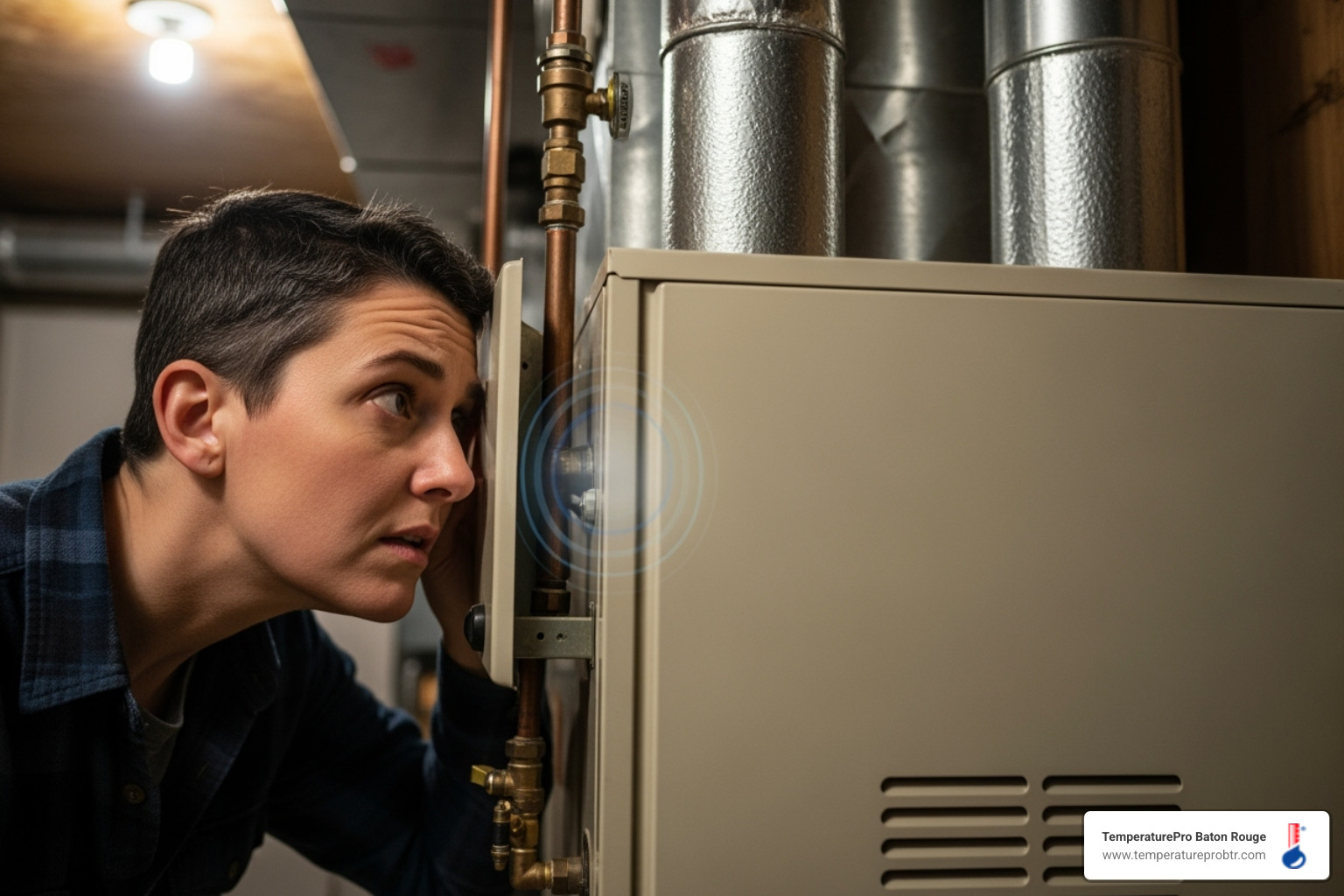 person listening to a noisy furnace - emergency heating repair in baker la