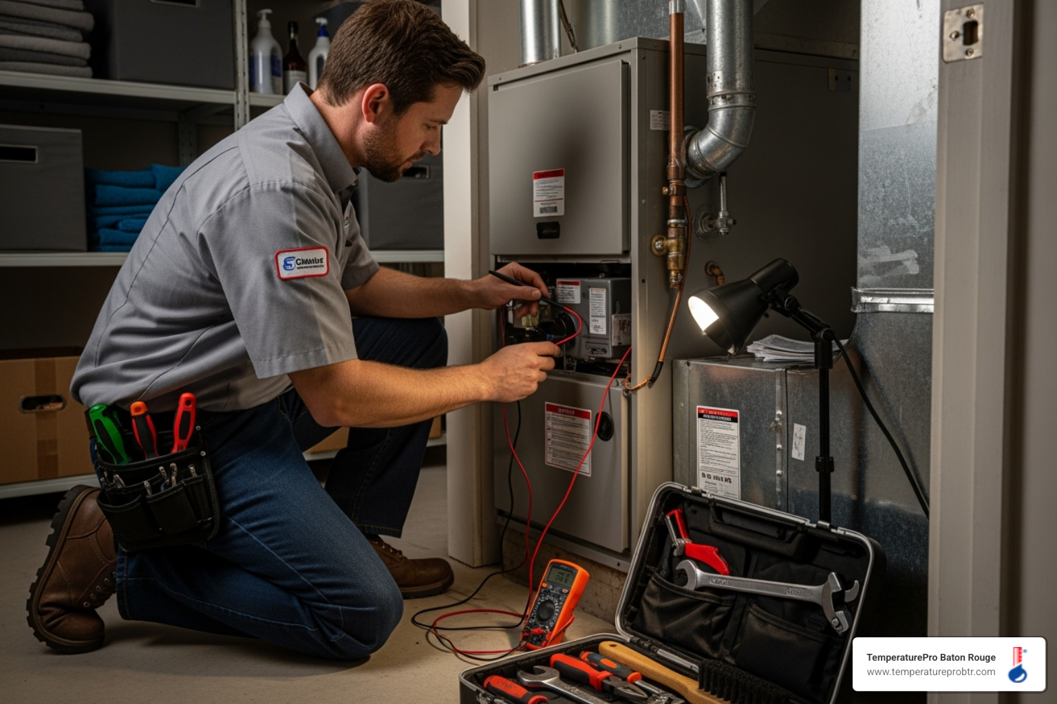 technician performing routine maintenance on a furnace - emergency heating repair in baker la