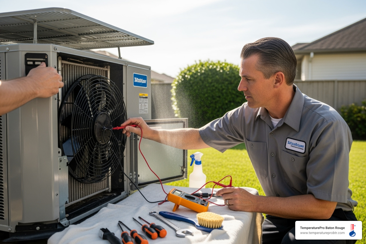A skilled HVAC technician in uniform performing routine maintenance on an outdoor heat pump unit, checking components and cleaning the system - 24/7 heat pump repair in greenwell springs la