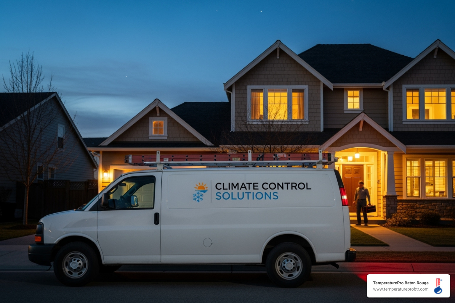 A professional HVAC service van with a company logo, arriving at a residential home during the evening, signifying 24/7 emergency service - 24/7 heat pump repair in greenwell springs la