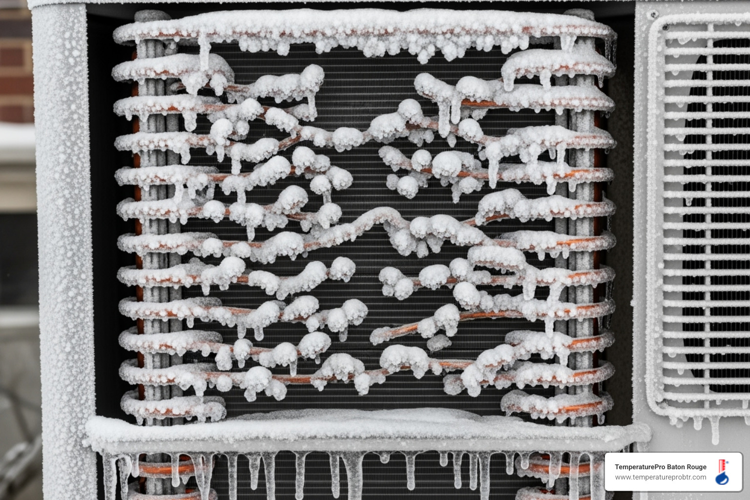 A close-up image of a heat pump's outdoor unit with significant ice buildup on the coils, indicating a malfunction - 24/7 heat pump repair in greenwell springs la