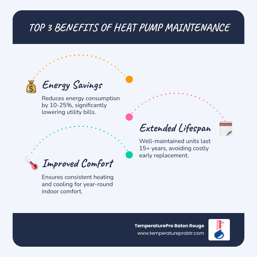 Infographic showing three main benefits of heat pump maintenance: a dollar sign with 10-25% savings label, a calendar showing 15+ years lifespan, and a thermometer indicating consistent comfort, with icons for clean filters, refrigerant levels, and system inspections - heat pump maintenance in denham springs la infographic infographic-line-3-steps-blues-accent_colors