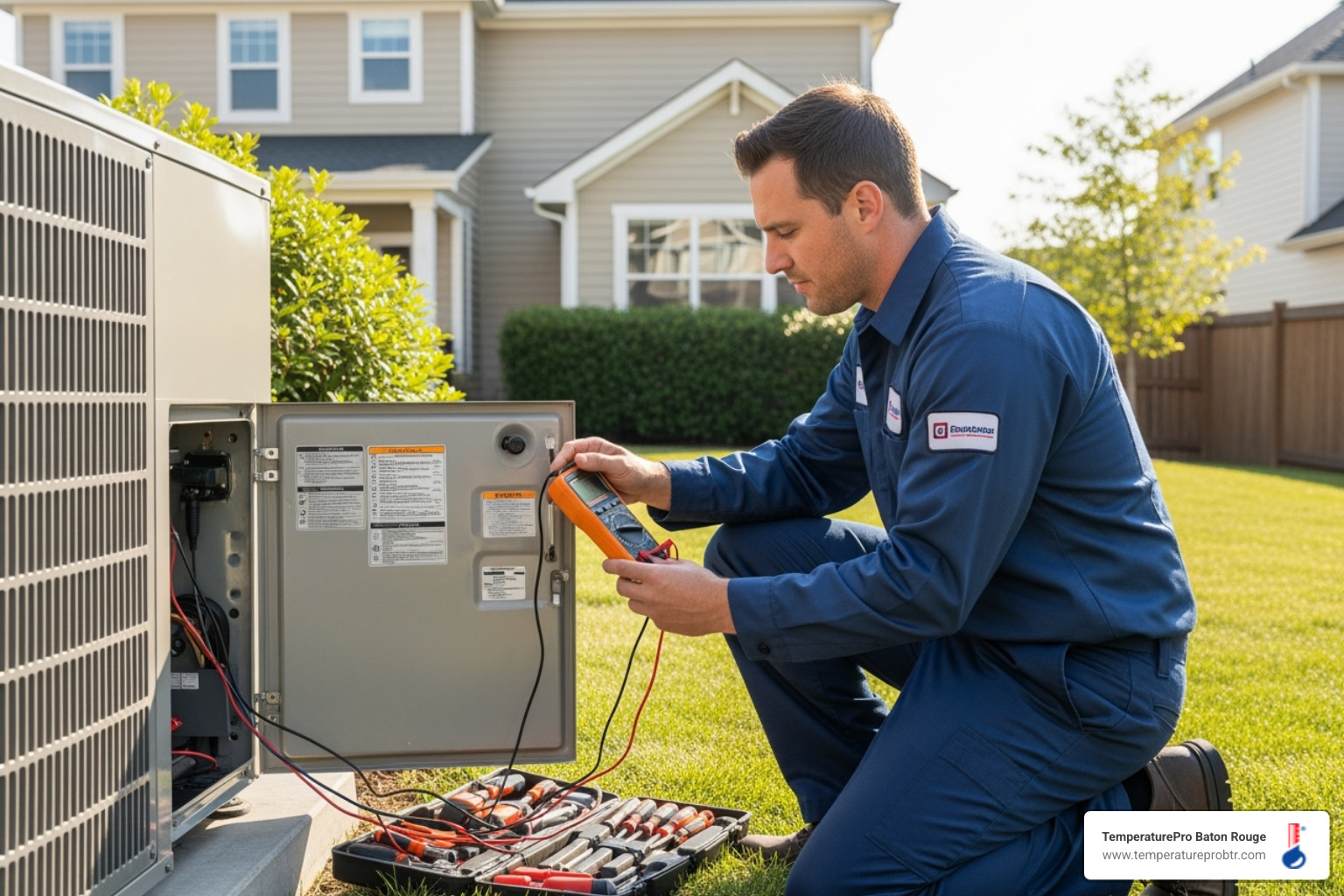 a technician servicing an outdoor heat pump unit in a residential setting - heat pump maintenance in denham springs la