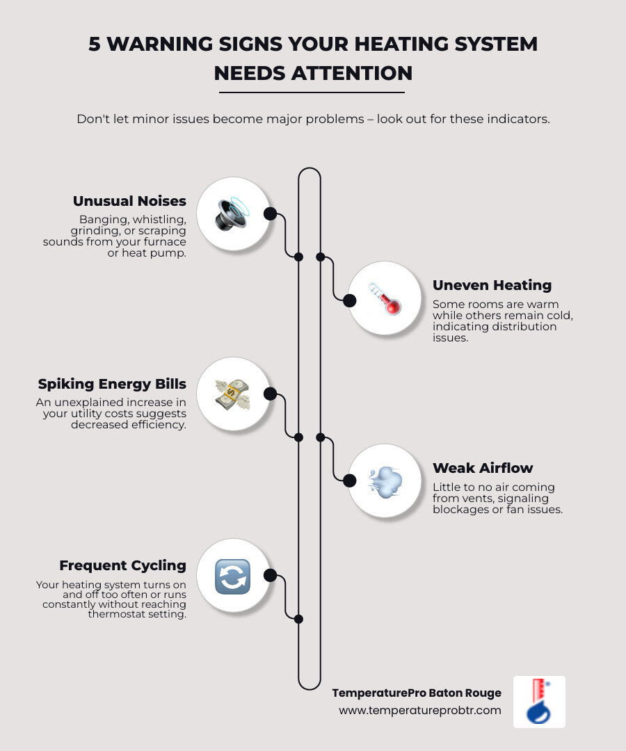 Infographic showing 5 critical warning signs your heating system needs professional attention: unusual noises like banging or grinding, uneven heating or cold spots in rooms, sudden spikes in energy bills, weak or no airflow from vents, and frequent system cycling or constant running - best heating company in addis la infographic infographic-line-5-steps-elegant_beige