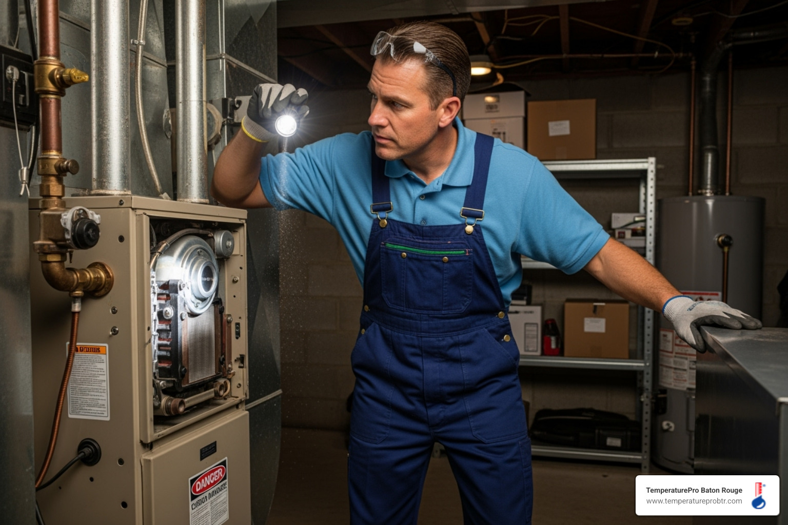 technician inspecting furnace - best heating company in addis la
