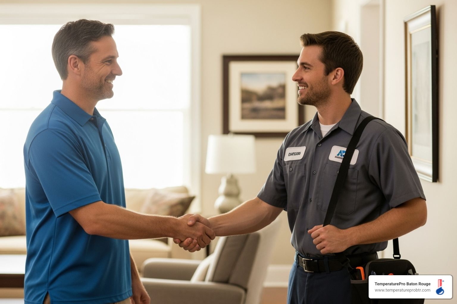 homeowner shaking hands with a friendly HVAC technician - best heating company in burnside la