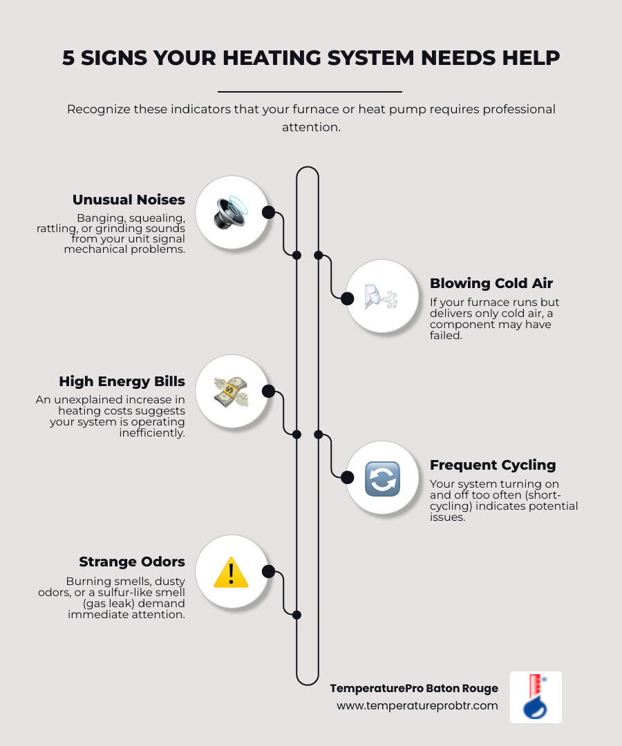 infographic showing 5 key warning signs your heating system needs professional attention: unusual noises like banging or squealing, furnace blowing cold air instead of heat, unexplained increases in energy bills, frequent on-off cycling, and strange burning or gas odors - best heating company in burnside la infographic infographic-line-5-steps-elegant_beige