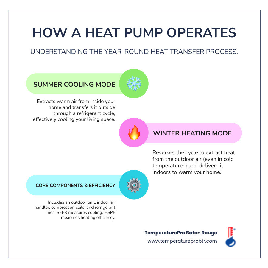 Infographic showing heat pump operation: In summer, heat pump extracts warm air from inside home and transfers it outside through refrigerant cycle. In winter, process reverses to extract heat from outdoor air and deliver it inside. Single outdoor unit connects to indoor air handler. System includes compressor, two coils for evaporation and condensation, and refrigerant lines. HSPF rating measures heating efficiency, SEER rating measures cooling efficiency. - heat pump installation in country club of louisiana la infographic infographic-line-3-steps-colors