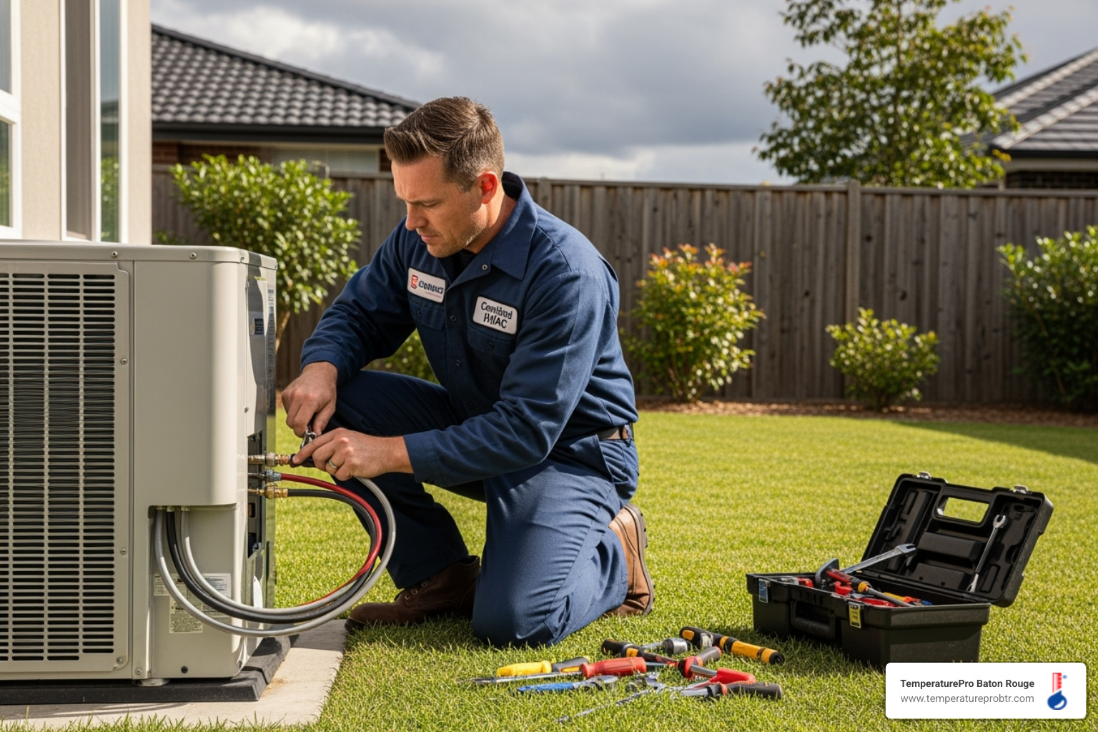 certified technician installing outdoor unit - heat pump installation in country club of louisiana la
