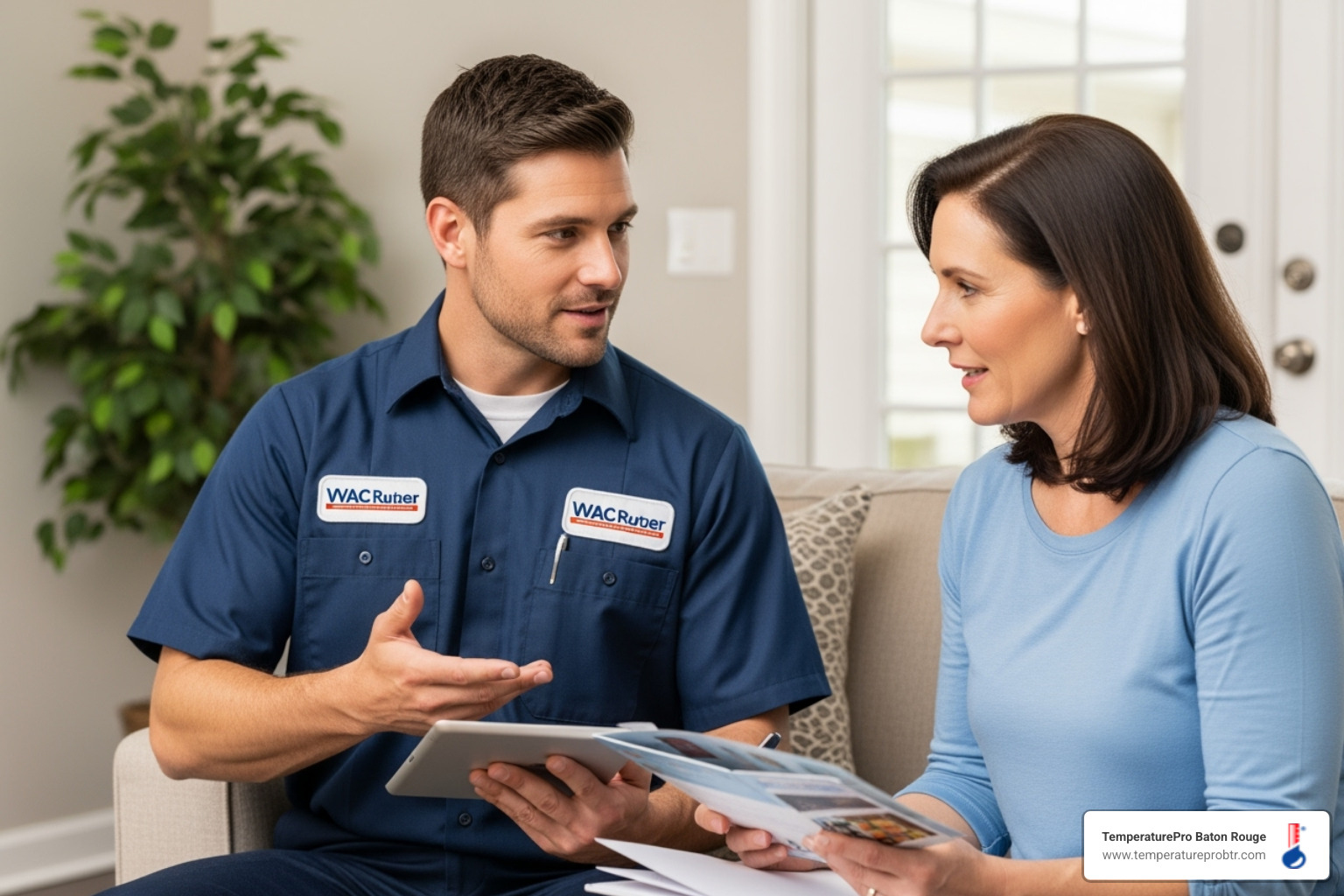 homeowner discussing options with technician - heat pump installation in country club of louisiana la