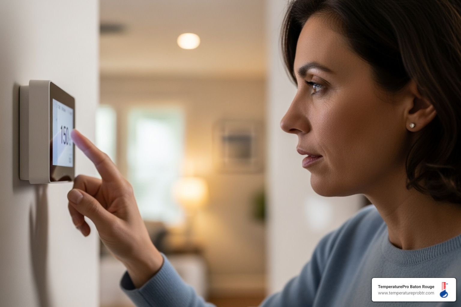 Homeowner checking thermostat settings - 24/7 heat pump repair in burnside la