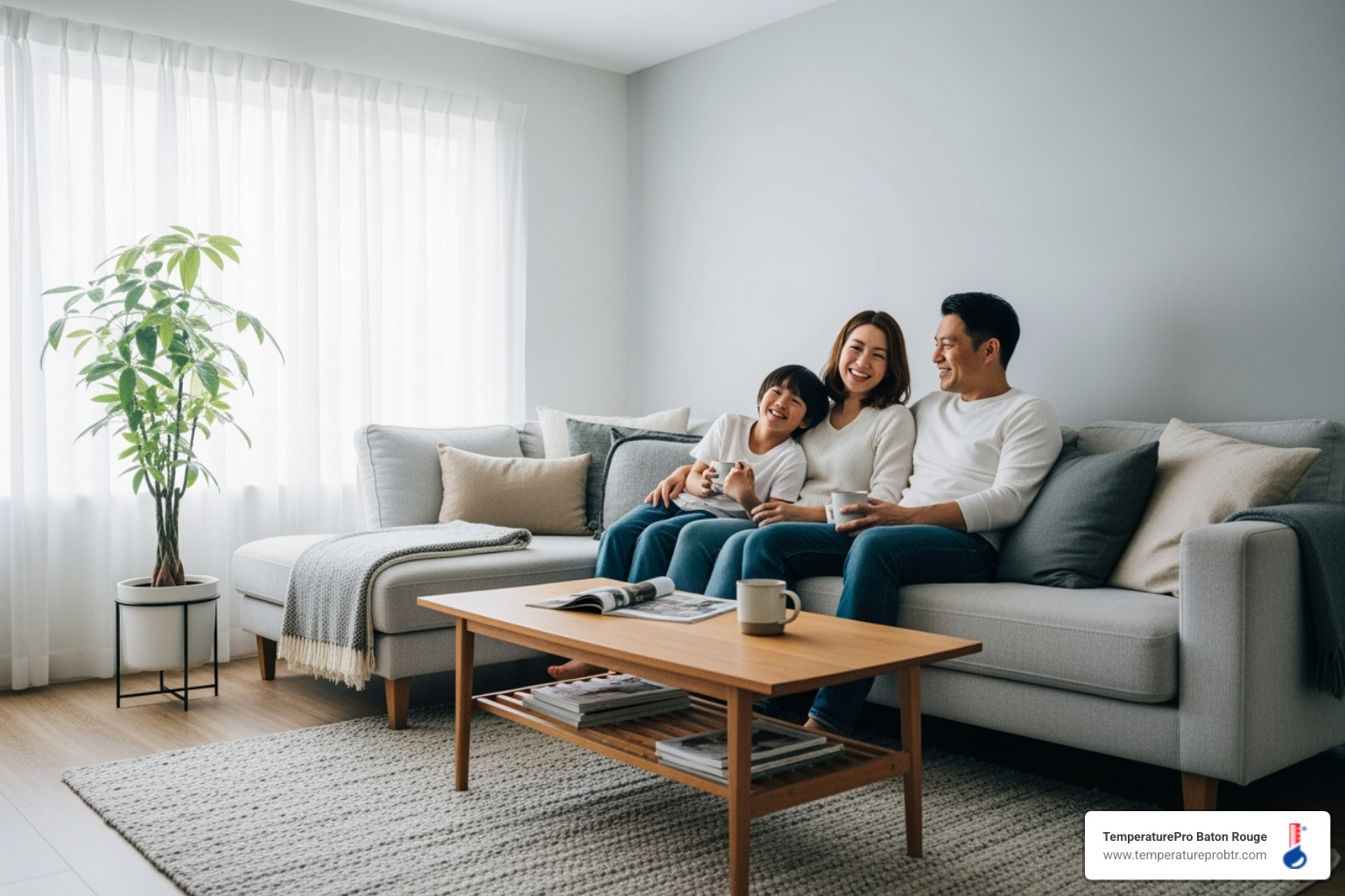A happy family enjoying a perfectly climate-controlled home, showcasing the comfort provided by a well-functioning heat pump. - 24/7 heat pump repair in erwinville la