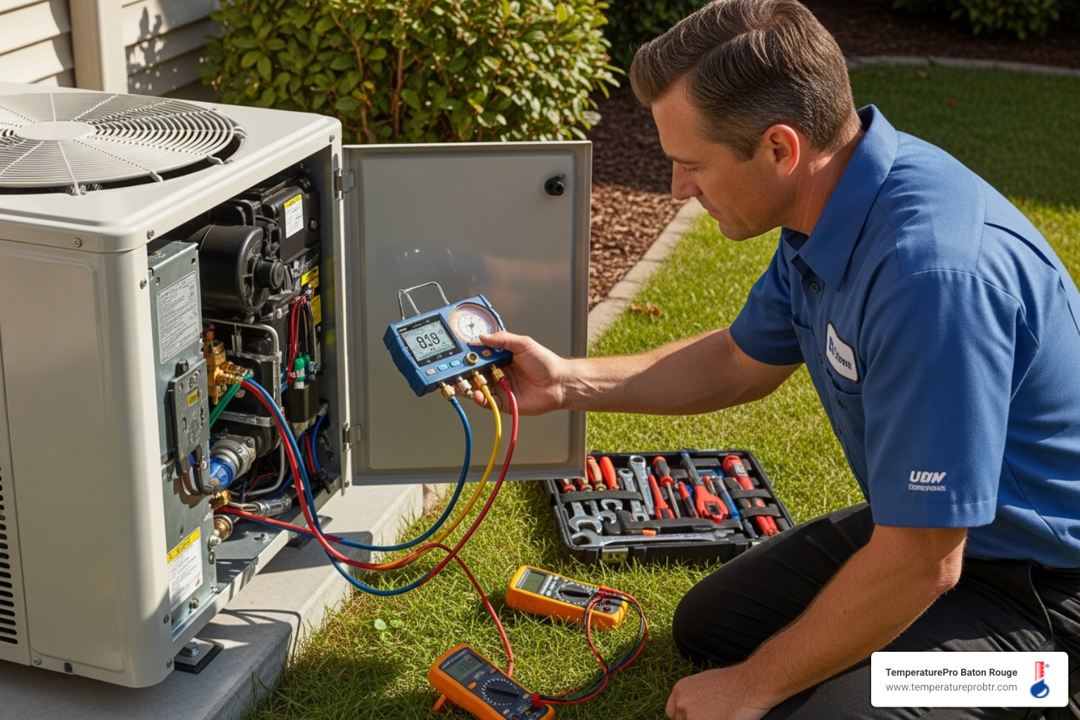 A professional HVAC technician is using diagnostic tools to inspect an outdoor heat pump unit, ensuring it's working correctly. - 24/7 heat pump repair in erwinville la