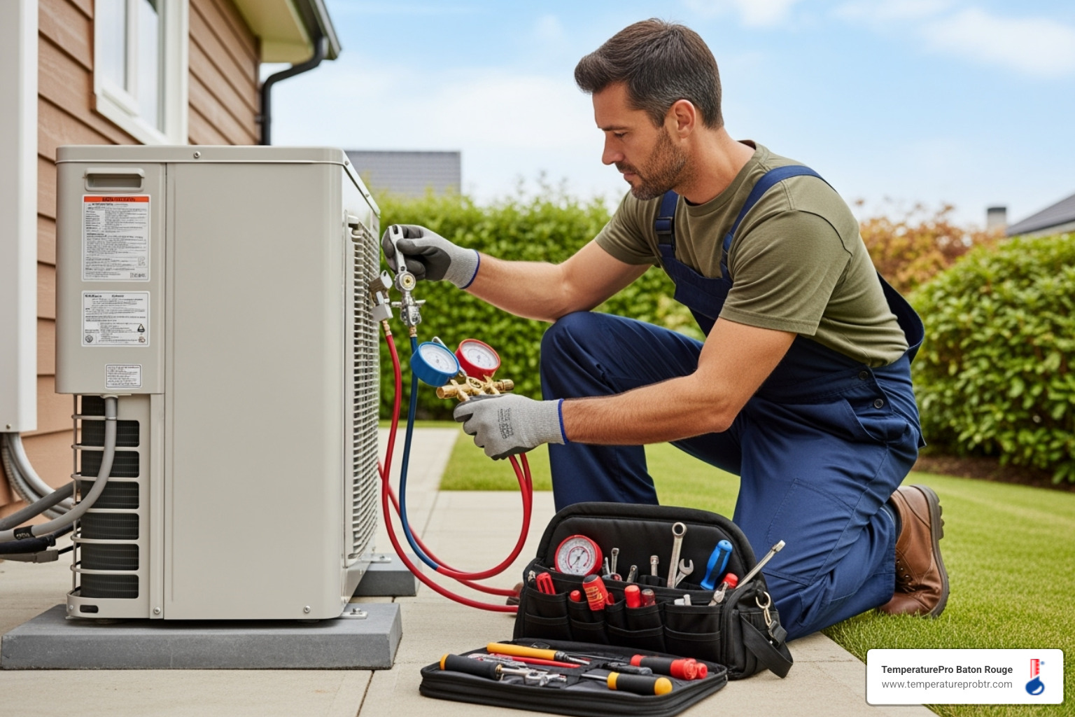 A professional HVAC technician performing routine maintenance on an outdoor heat pump unit. - 24/7 heat pump repair in erwinville la