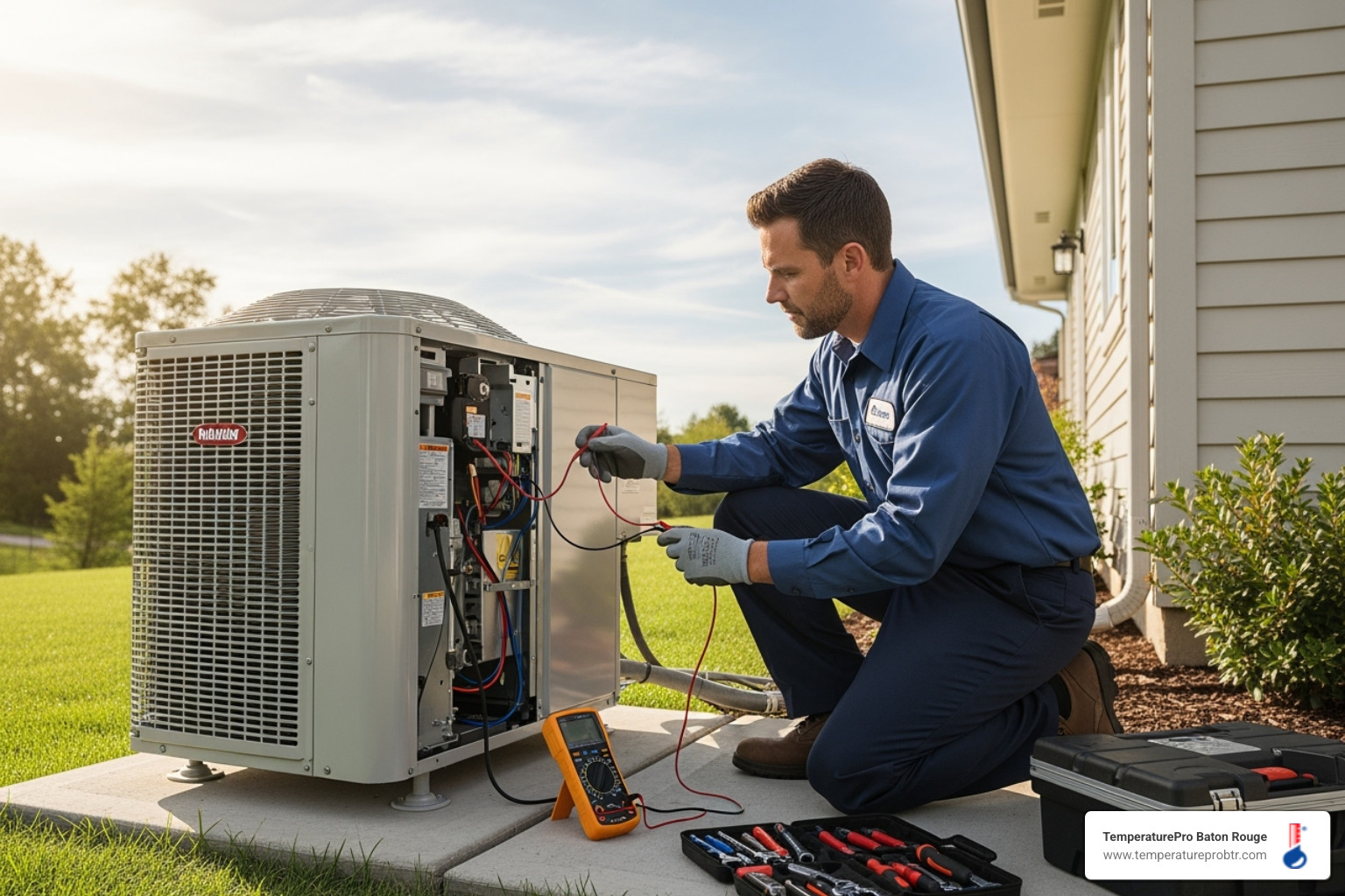 Professional technician safely working on a heat pump unit - heat pump repair in head of island la