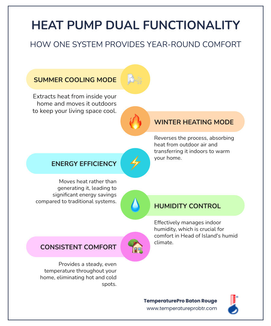 Infographic showing the dual functionality of heat pumps: in summer, a heat pump extracts heat from inside your home and moves it outside to keep you cool; in winter, it reverses the process, extracting heat from outdoor air and moving it inside to warm your home, making it an efficient year-round comfort solution - heat pump repair in head of island la infographic infographic-line-5-steps-colors