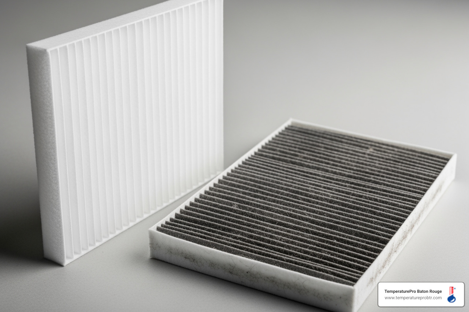 clean HVAC air filter next to a dirty one - 24/7 heat pump repair in dutchtown la