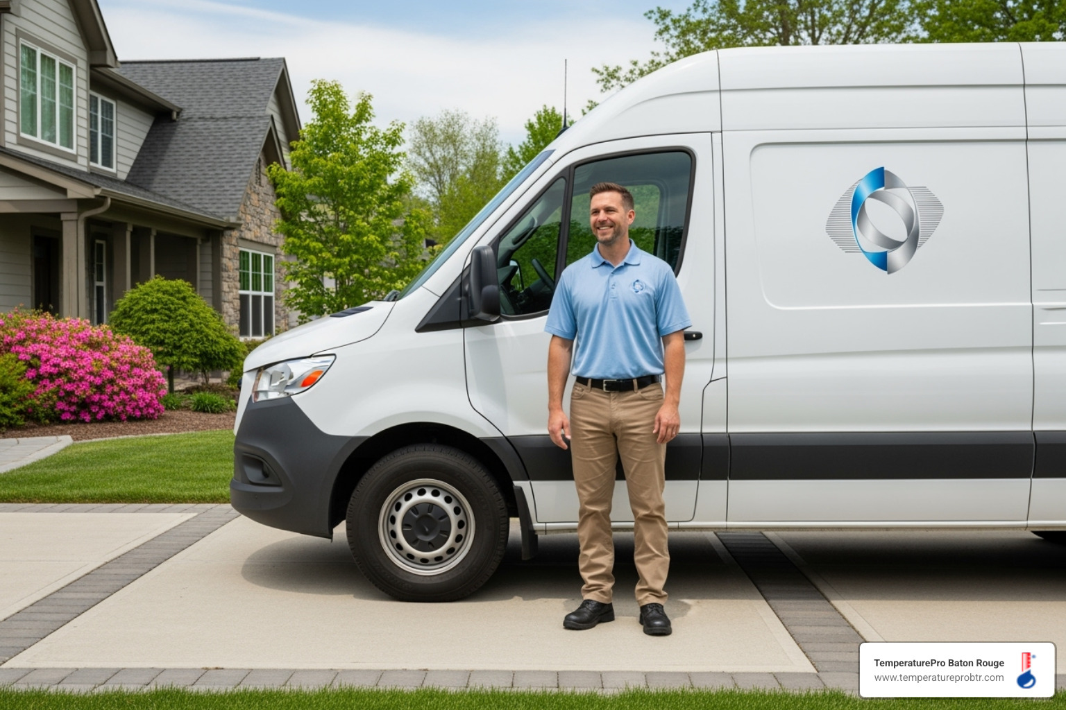 friendly, professional technician's van in a residential driveway - 24/7 heat pump repair in dutchtown la