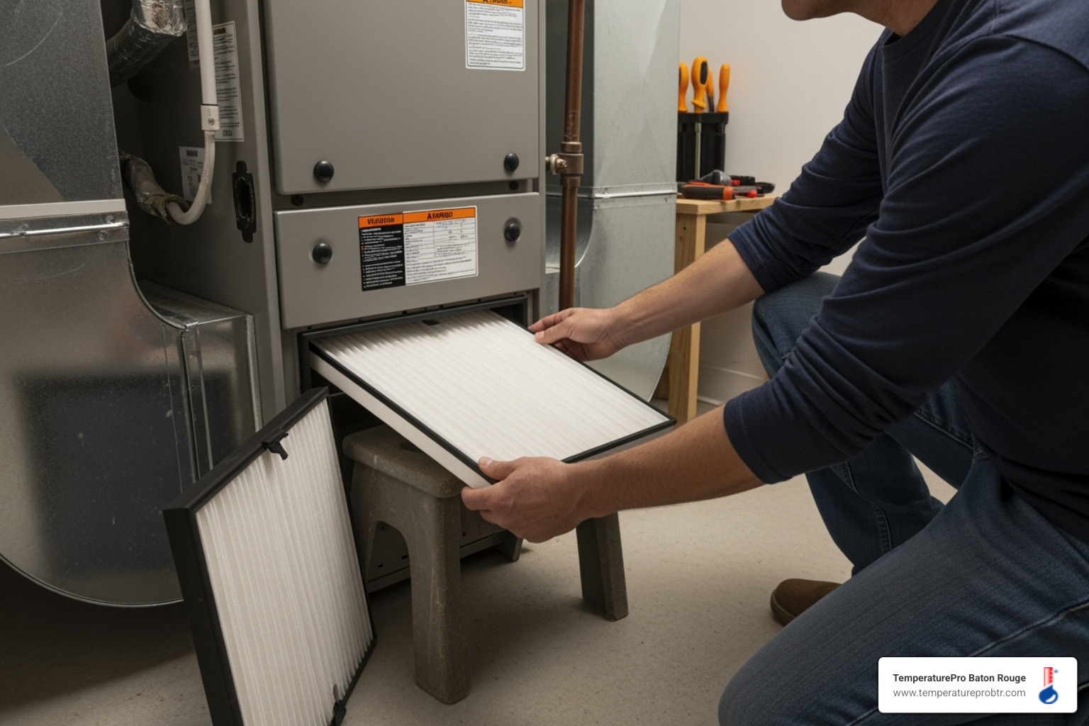 a homeowner changing the air filter in their HVAC system. - heat pump repair in st. gabriel la
