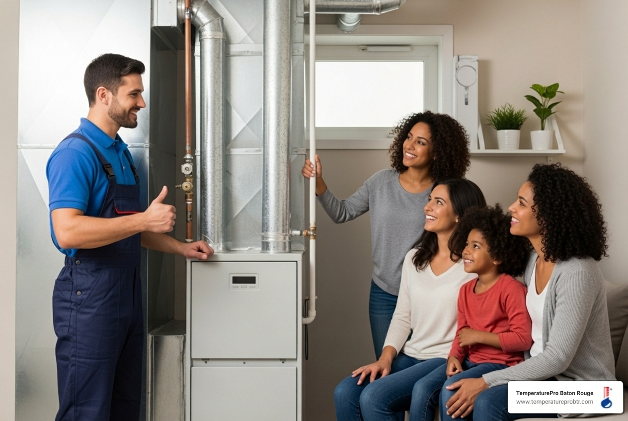 infographic showing benefits of professional furnace installation including proper sizing, energy efficiency, warranty protection, safety compliance, and long-term cost savings - furnace installation company in baton rouge, la