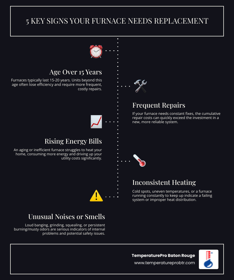 infographic showing five key signs your furnace needs replacement including age over 15 years, frequent repairs, rising energy bills, inconsistent heating throughout the home, and unusual noises or smells - best furnace installation in denham springs, la infographic