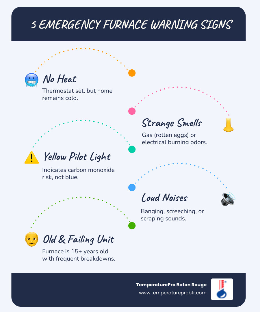 Infographic showing 5 emergency furnace warning signs: 1) No heat despite thermostat setting, 2) Strong gas or burning smell, 3) Yellow pilot light indicating carbon monoxide risk, 4) Loud mechanical noises like banging or scraping, 5) Furnace over 15 years old with frequent breakdowns - emergency furnace installation in central, la infographic infographic-line-5-steps-blues-accent_colors