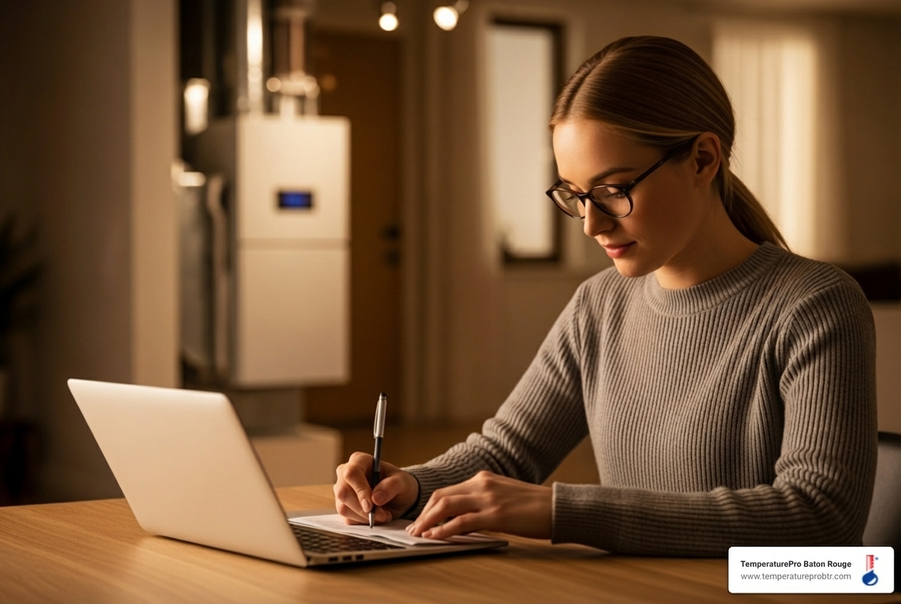 infographic showing annual furnace maintenance benefits including improved energy efficiency, extended equipment lifespan, fewer emergency repairs, enhanced safety through carbon monoxide prevention, consistent heating performance, and better indoor air quality with recommended service frequency and key inspection points - furnace maintenance in gonzales la