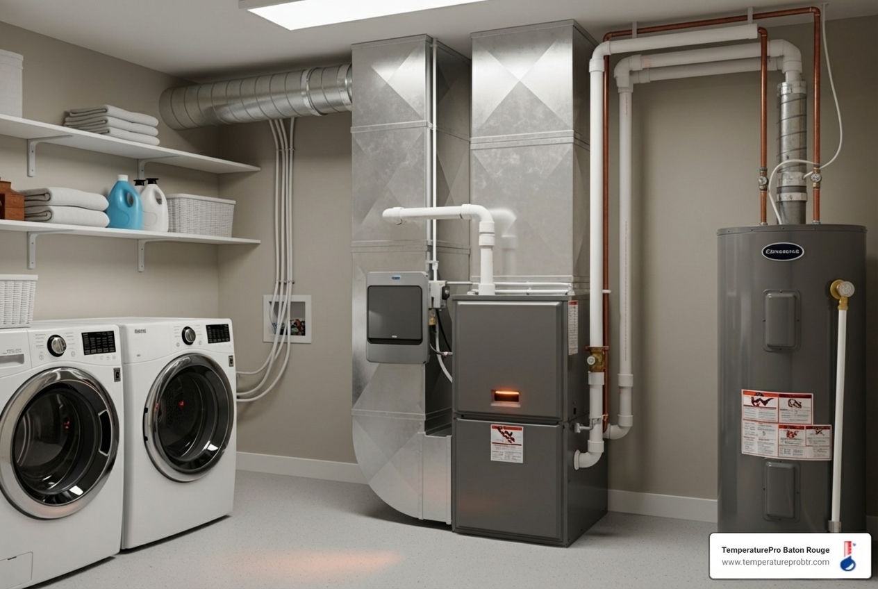 Infographic showing the key benefits of professional furnace installation including proper sizing and load calculation, safety compliance with gas and electrical connections, extended equipment lifespan through correct installation, lower energy bills from optimal efficiency, warranty protection that requires professional service, and reduced risk of carbon monoxide leaks and fire hazards - best furnace installation in baton rouge, la