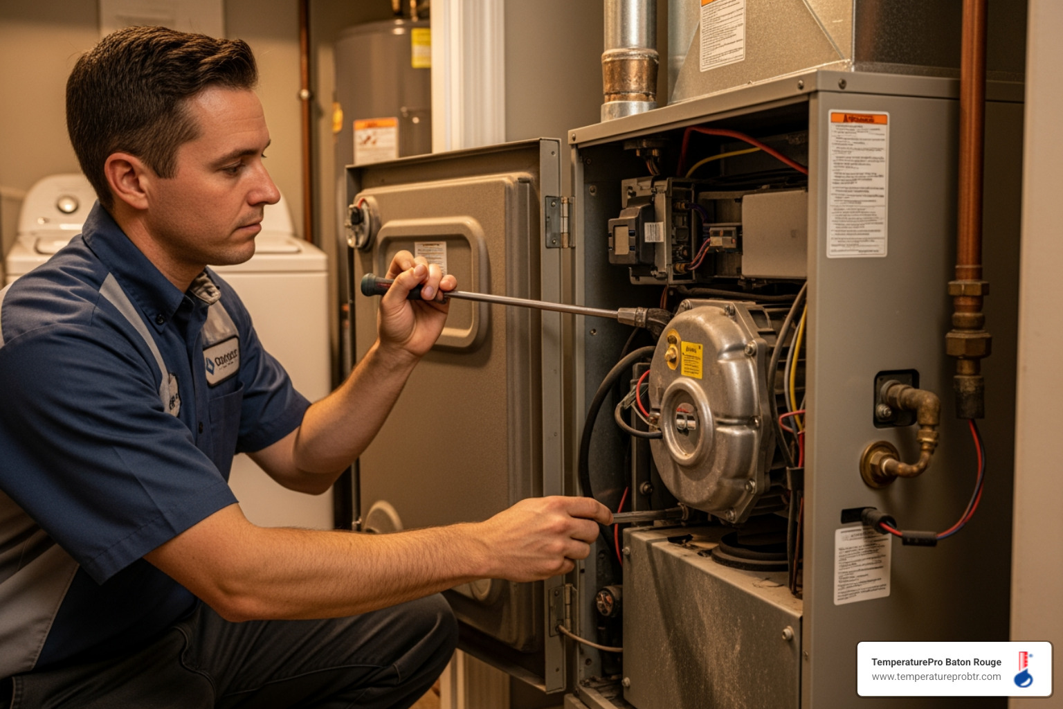 Infographic showing how a home furnace works: cold air enters through return ducts, passes through air filter, gets heated by burner or heating element in heat exchanger, then warm air circulates through supply ducts to rooms throughout the home, with thermostat controlling the cycle - furnace repair in prairieville la