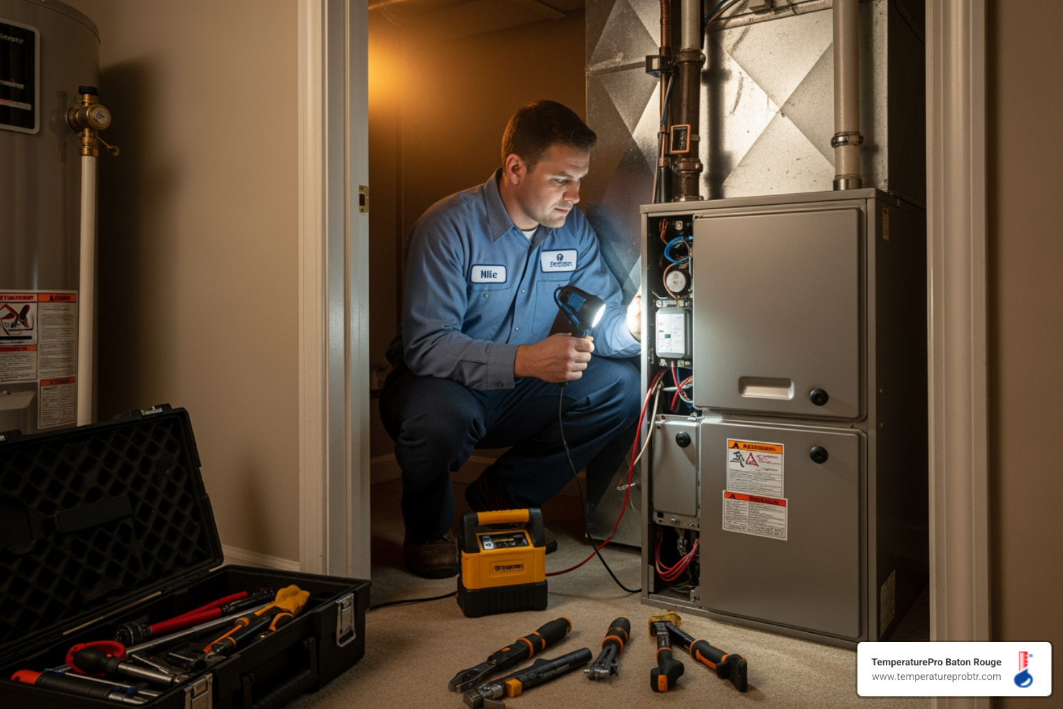 Infographic showing the five critical warning signs that indicate your Baton Rouge furnace needs immediate professional repair: insufficient heat production with thermostat icon, unusual mechanical noises with sound wave symbol, yellow pilot light with flame icon, unexplained energy bill increases with dollar sign graph, and short cycling with on-off toggle switch - furnace repair in baton rouge la