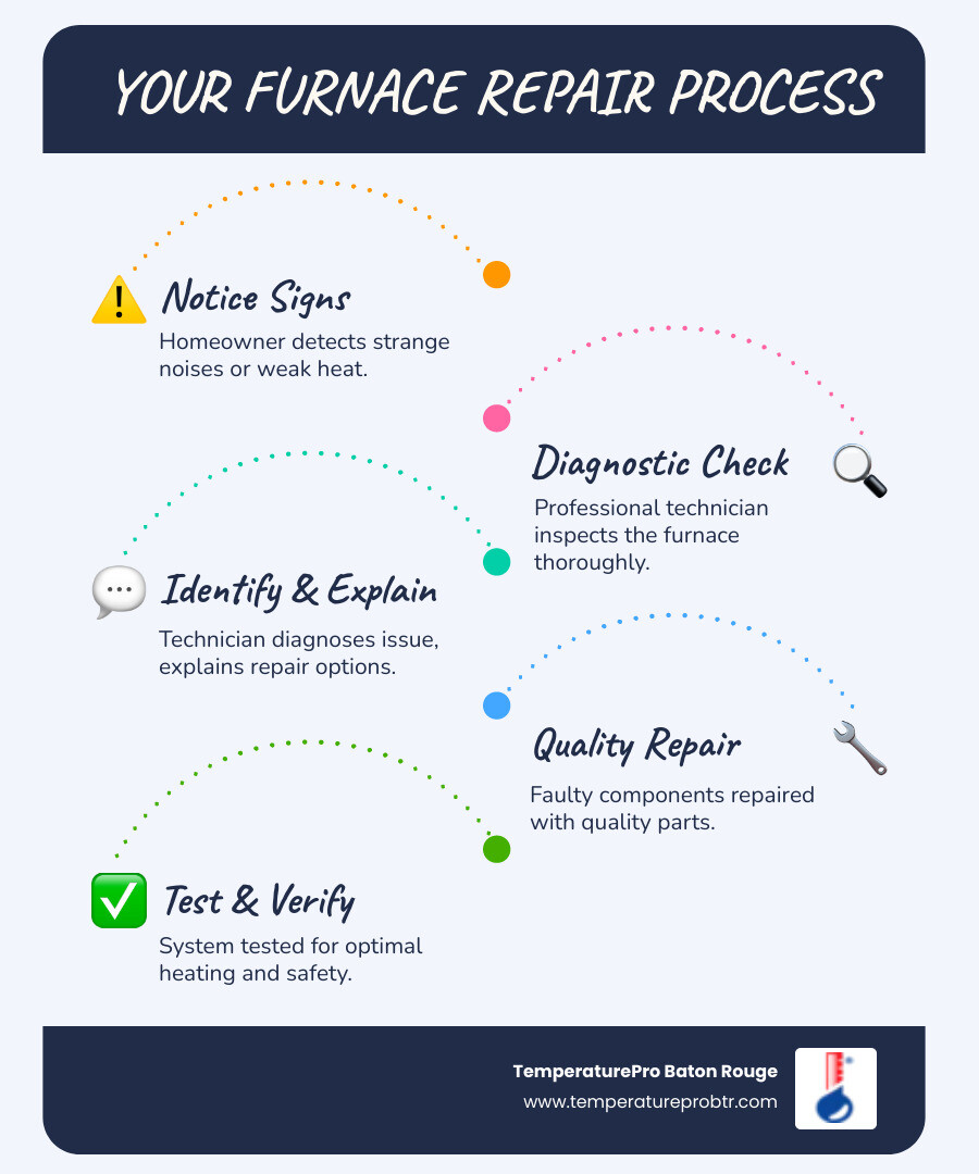 Infographic showing the furnace repair process: 1) Homeowner notices warning signs like strange noises or weak heat, 2) Professional technician performs diagnostic inspection, 3) Technician identifies the problem and explains repair options, 4) Repair is completed with quality parts, 5) System is tested to ensure proper heating and safety - furnace repair in denham springs la infographic infographic-line-5-steps-blues-accent_colors