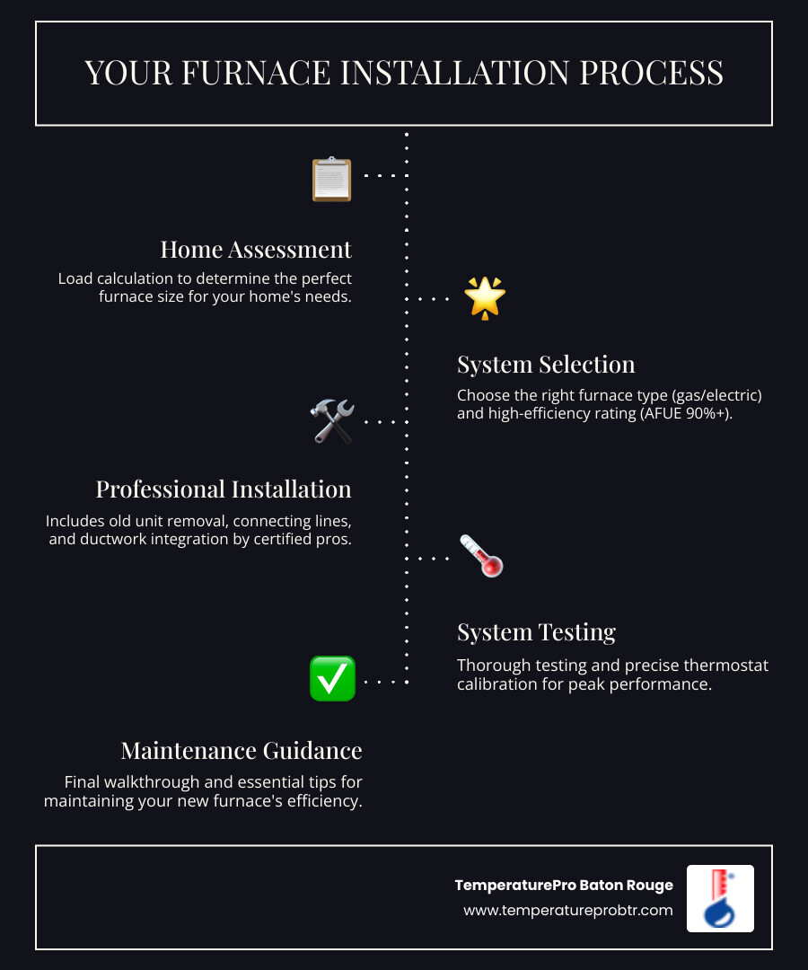 Infographic showing the furnace installation process: Step 1 - Home assessment and load calculation to determine proper furnace size; Step 2 - Selecting the right furnace type (gas or electric) and efficiency rating (AFUE 90%+); Step 3 - Professional installation including removal of old unit, connecting gas/electric lines, and ductwork integration; Step 4 - System testing and thermostat calibration; Step 5 - Final walkthrough and maintenance guidance. Icons show a clipboard with measurements, furnace unit with efficiency star, technician with tools, thermostat display, and checklist. - furnace installation in prairieville la infographic infographic-line-5-steps-dark