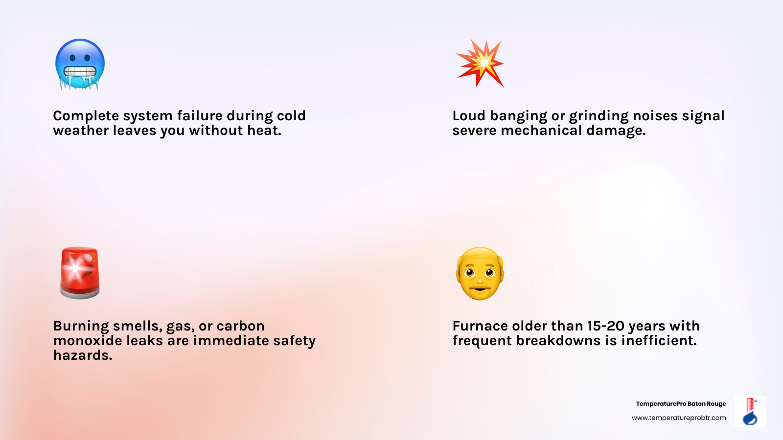 Infographic showing the top 5 signs you need emergency furnace replacement: complete system failure during cold weather, loud banging or grinding noises indicating mechanical failure, burning smells suggesting electrical or filter problems, gas leaks or carbon monoxide detector alerts, and a furnace older than 15-20 years with frequent breakdowns - emergency furnace installation in denham springs, la infographic 4_facts_emoji_light-gradient