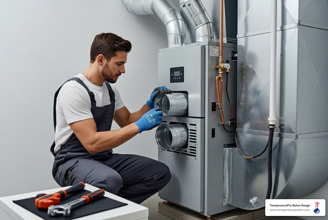 Infographic showing the step-by-step furnace installation process: initial consultation and home assessment, safe removal of old unit, site preparation, new furnace placement, ductwork and fuel line connections, thermostat calibration, and final system testing - furnace installation in st. gabriel la