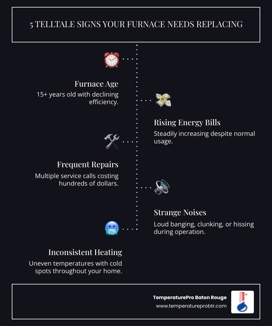 Infographic showing the top 5 signs your furnace needs replacement: 1. Furnace is 15+ years old with declining efficiency, 2. Energy bills steadily increasing month over month, 3. Frequent repair calls costing hundreds of dollars, 4. Strange sounds like banging or hissing during operation, 5. Uneven heating with cold spots throughout your home - furnace replacement in walker la infographic infographic-line-5-steps-dark