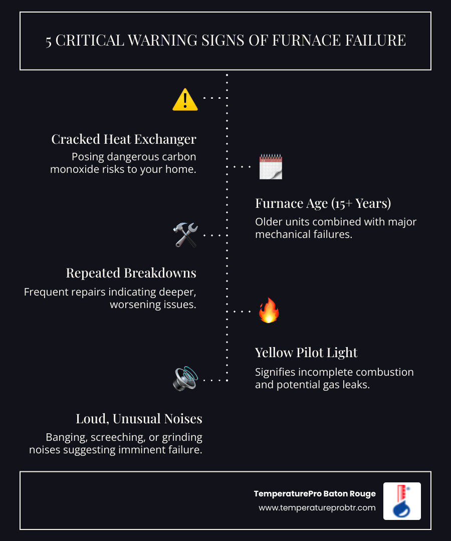 infographic showing the five critical warning signs of furnace failure: cracked heat exchanger with CO warning symbol, furnace age timeline showing 15+ years, repeated repair icons, yellow vs blue pilot light comparison, and sound wave icons representing dangerous noises - emergency furnace replacement in baton rouge, la infographic infographic-line-5-steps-dark