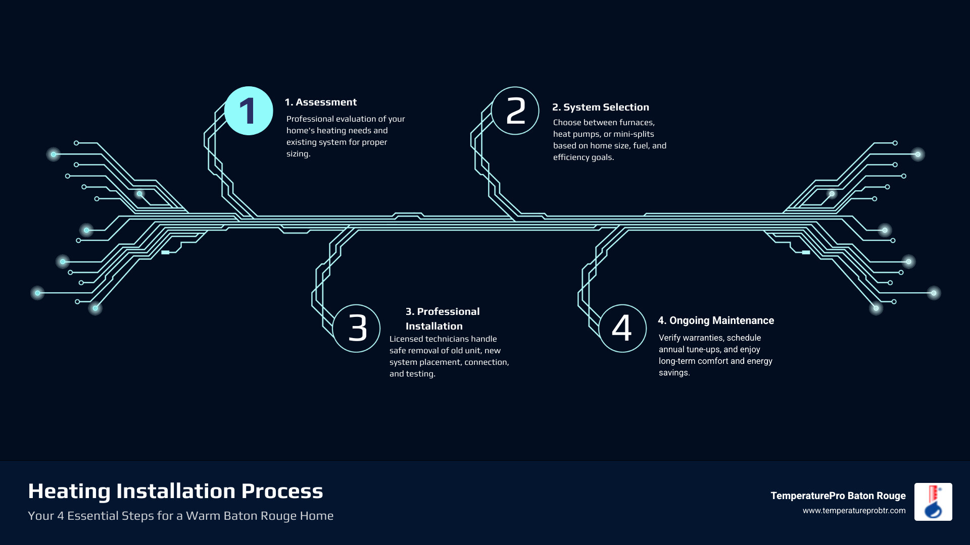 Infographic showing the four main steps of heating installation: Step 1 Assessment with home inspection icon, Step 2 System Selection with furnace and heat pump icons, Step 3 Professional Installation with technician and tools icon, Step 4 Ongoing Maintenance with calendar and wrench icon - heating installation in baton rouge la infographic infographic-4-steps-tech
