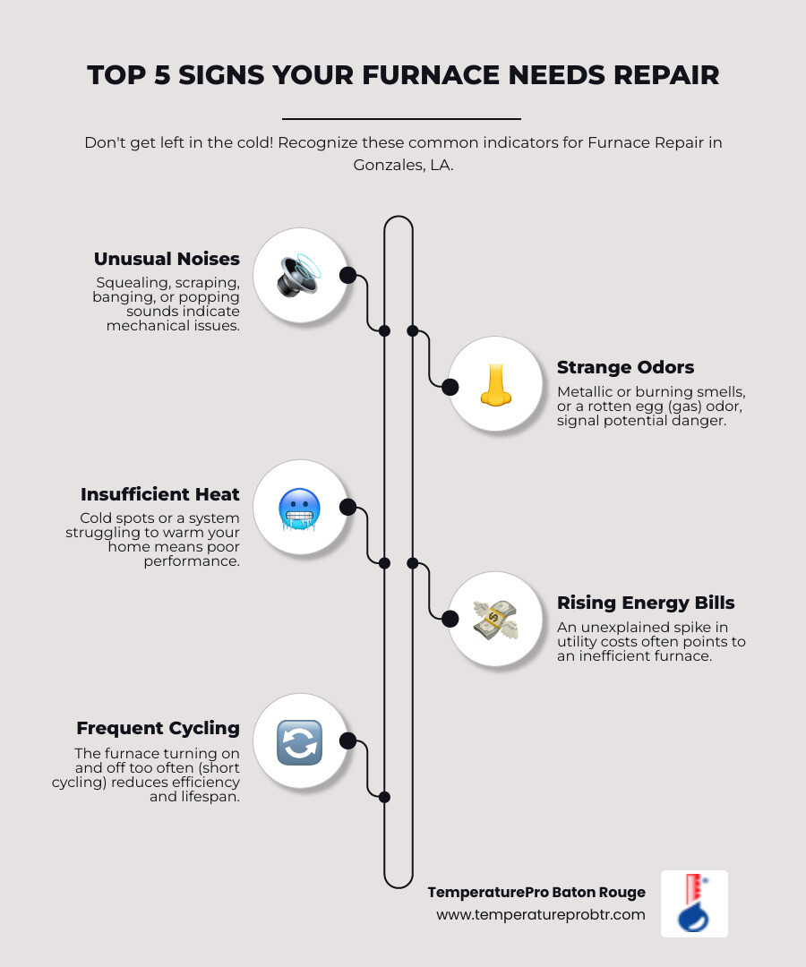 Infographic showing the top 5 signs your furnace needs repair in Gonzales, LA: unusual noises like squealing or banging, strange odors including metallic or gas smells, insufficient heat or cold spots in your home, rising energy bills without explanation, and frequent cycling where the system turns on and off repeatedly - furnace repair in gonzales la infographic infographic-line-5-steps-elegant_beige