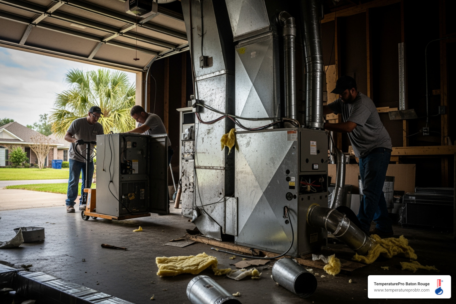 Infographic showing the top 5 signs of a furnace emergency: complete heating failure with outdoor temperatures below 45°F, strong gas or burning smell coming from the furnace, carbon monoxide detector alarm sounding, furnace making loud banging or screeching noises, and visible cracks in the heat exchanger with 24/7 emergency service contact information - emergency furnace replacement in gonzales, la