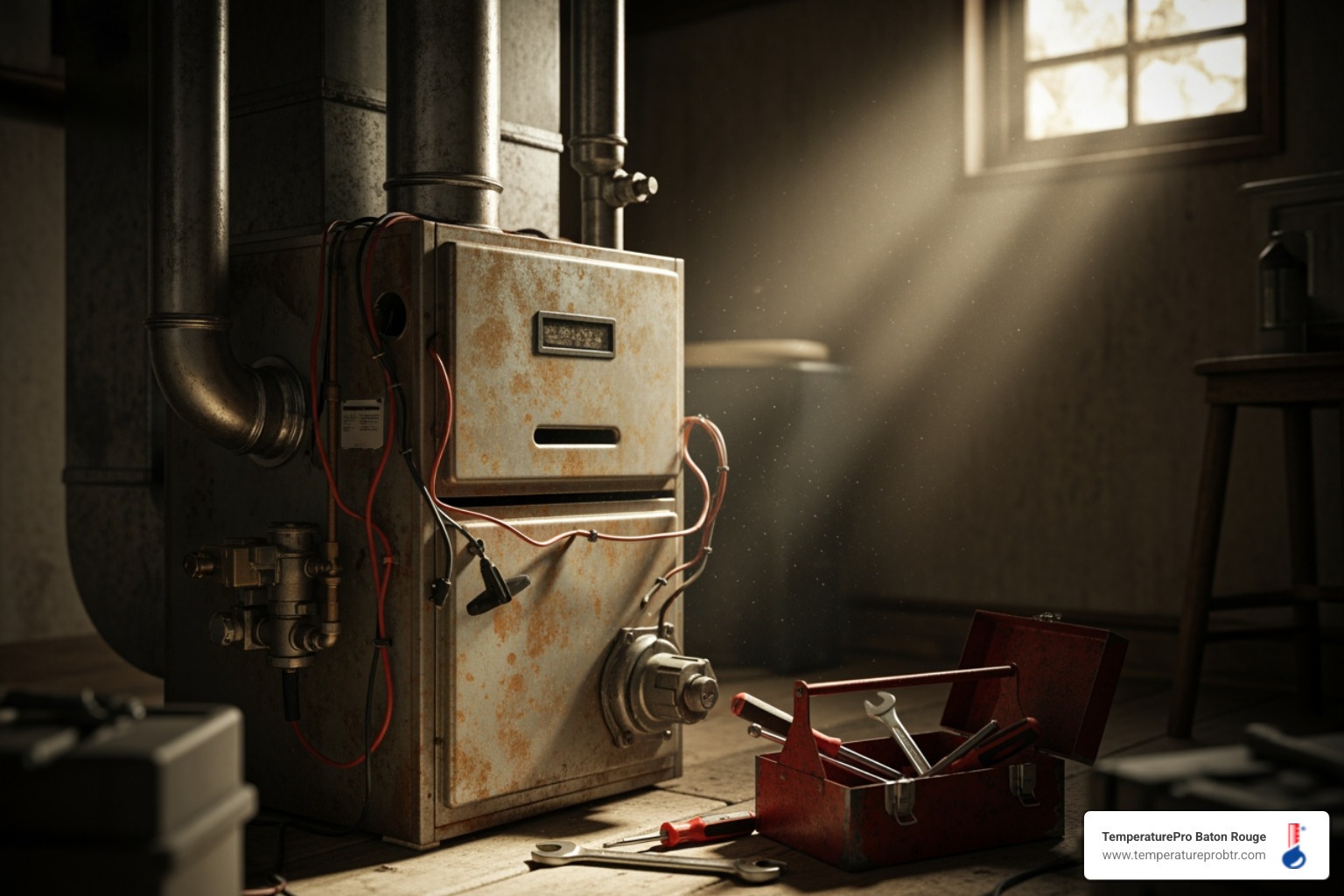 Infographic showing six common furnace noises with icons: banging sounds with danger level high in red, buzzing sounds with medium level in orange, rattling sounds with low-to-medium level in yellow, squealing sounds with medium level in orange, whistling sounds with low level in green, and grinding sounds with high level in red, each with brief descriptions of causes and recommended actions - "My furnace is making a weird noise. Find a repair service near Walker, LA."