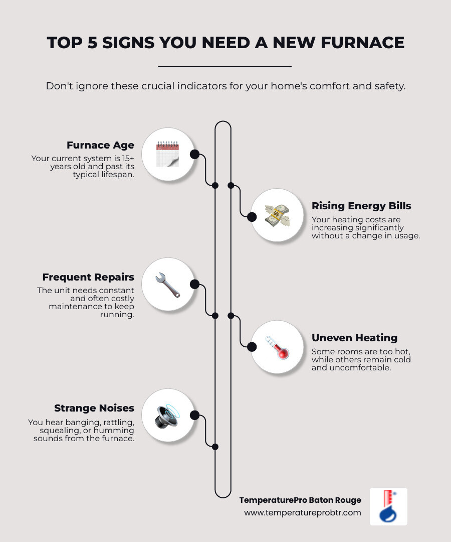 Infographic showing the top 5 signs you need a new furnace: 1. Furnace is 15+ years old, 2. Rising energy bills without increased usage, 3. Frequent and costly repairs, 4. Uneven heating throughout the home, 5. Strange noises like banging or rattling - furnace installation in zachary la infographic infographic-line-5-steps-elegant_beige
