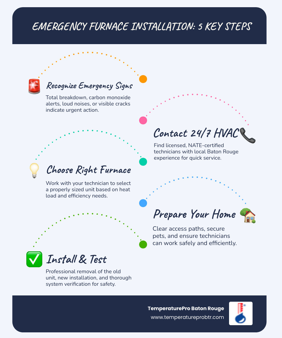 Infographic showing four steps to emergency furnace installation: Step 1 - Identify the emergency signs like system failure or safety hazards; Step 2 - Contact a 24-hour HVAC service with licensed technicians; Step 3 - Select the right furnace size and efficiency rating with expert guidance; Step 4 - Complete fast installation with testing and system verification - 24 hour furnace installation in baton rouge, la infographic infographic-line-5-steps-blues-accent_colors