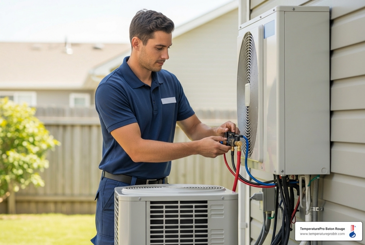 Infographic showing the 6-step heat pump replacement process: consultation and assessment, system sizing and selection, removal of old unit, installation of new indoor and outdoor components, system testing and calibration, and final walkthrough with homeowner education - heat pump replacement in denham springs la