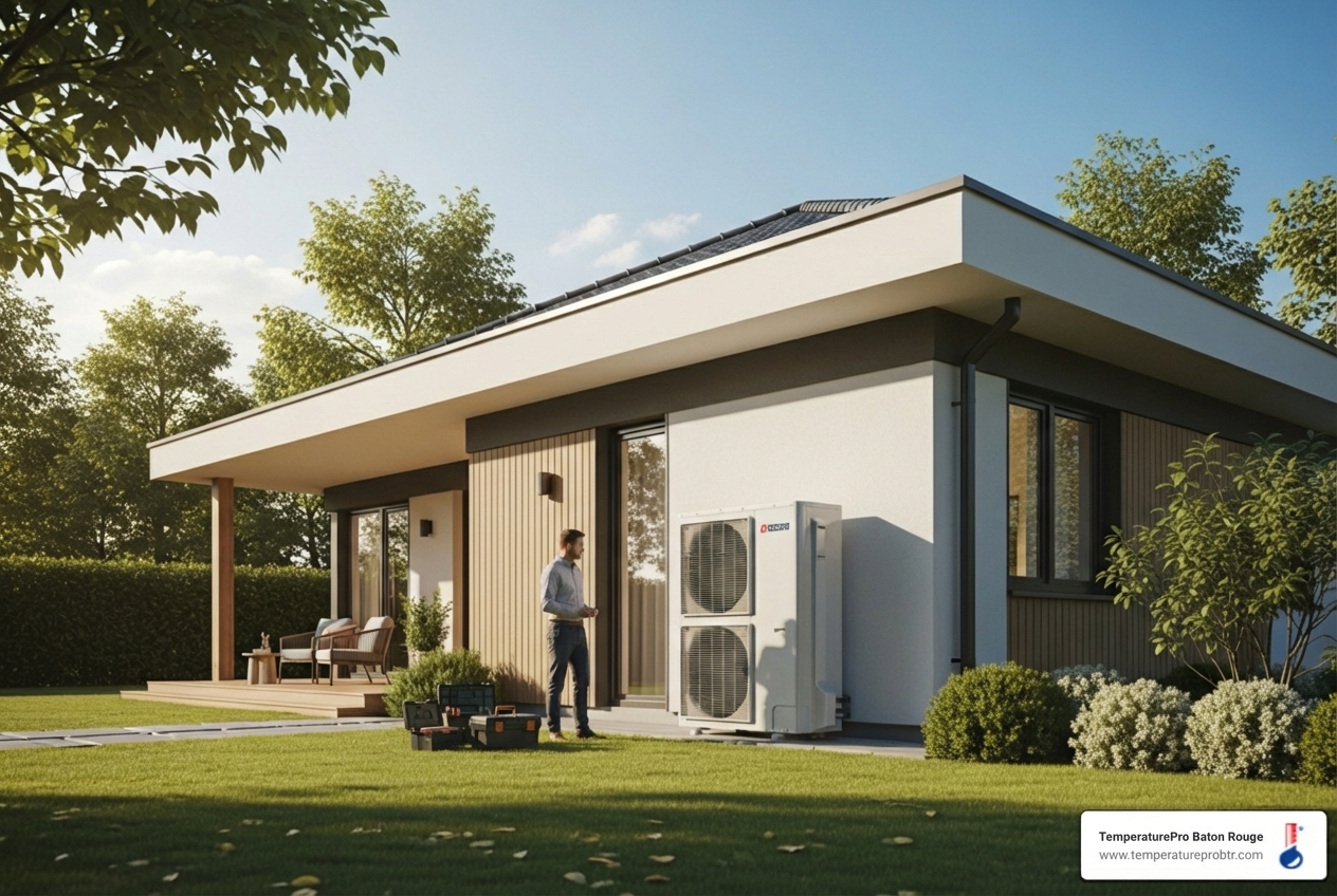 infographic showing heat pump operation in cooling and heating modes, with arrows indicating heat transfer direction in summer vs winter, plus key benefits like energy efficiency, dual functionality, and year-round comfort for Prairieville LA homes - heat pump replacement in prairieville la