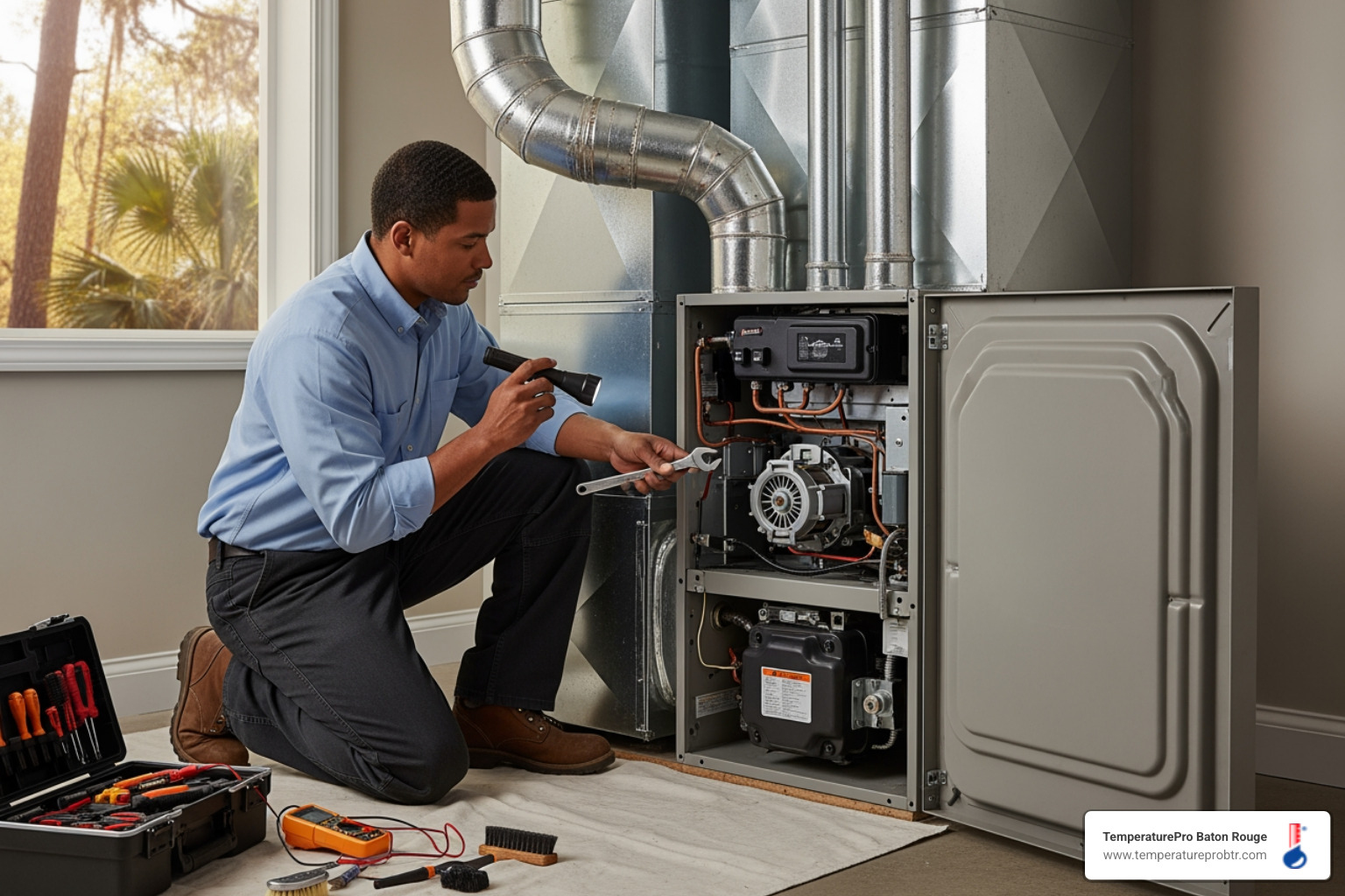 infographic showing three main benefits of regular furnace maintenance: Safety shield icon with text preventing carbon monoxide leaks and fire hazards, Dollar sign icon with text saving up to 30 percent on energy bills, and Calendar icon with text extending furnace lifespan to 15-30 years - furnace maintenance in baton rouge la